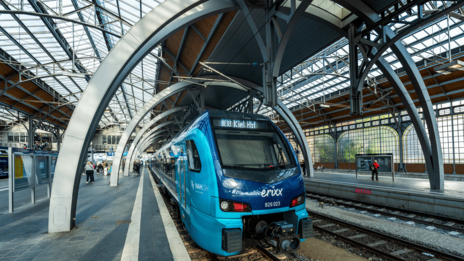 Moderner blauer Regionalzug der Marke erixx Holstein steht im überdachten Bahnhof mit markanter Stahl- und Glasarchitektur.