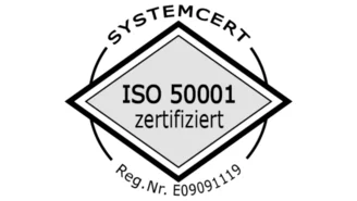 ISO 50001 Zertifizierungssiegel von Systemcert, Kennzeichnung für Energiemanagement und nachhaltige Unternehmensprozesse.