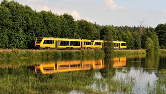 Gelb-blauer Regionalzug fährt entlang eines Sees durch grüne Waldlandschaft, Spiegelung des Zuges im Wasser sichtbar.