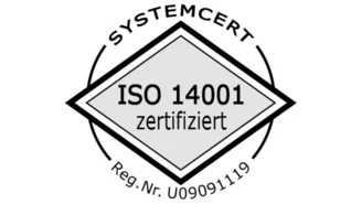 ISO 14001 Zertifizierungssiegel von Systemcert, Kennzeichnung für Umweltmanagement und nachhaltige Unternehmensprozesse.