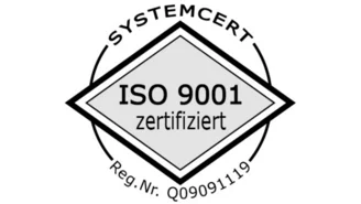 ISO 9001 Zertifizierungssiegel von Systemcert, Kennzeichnung für Qualitätsmanagement und geprüfte Unternehmensprozesse.