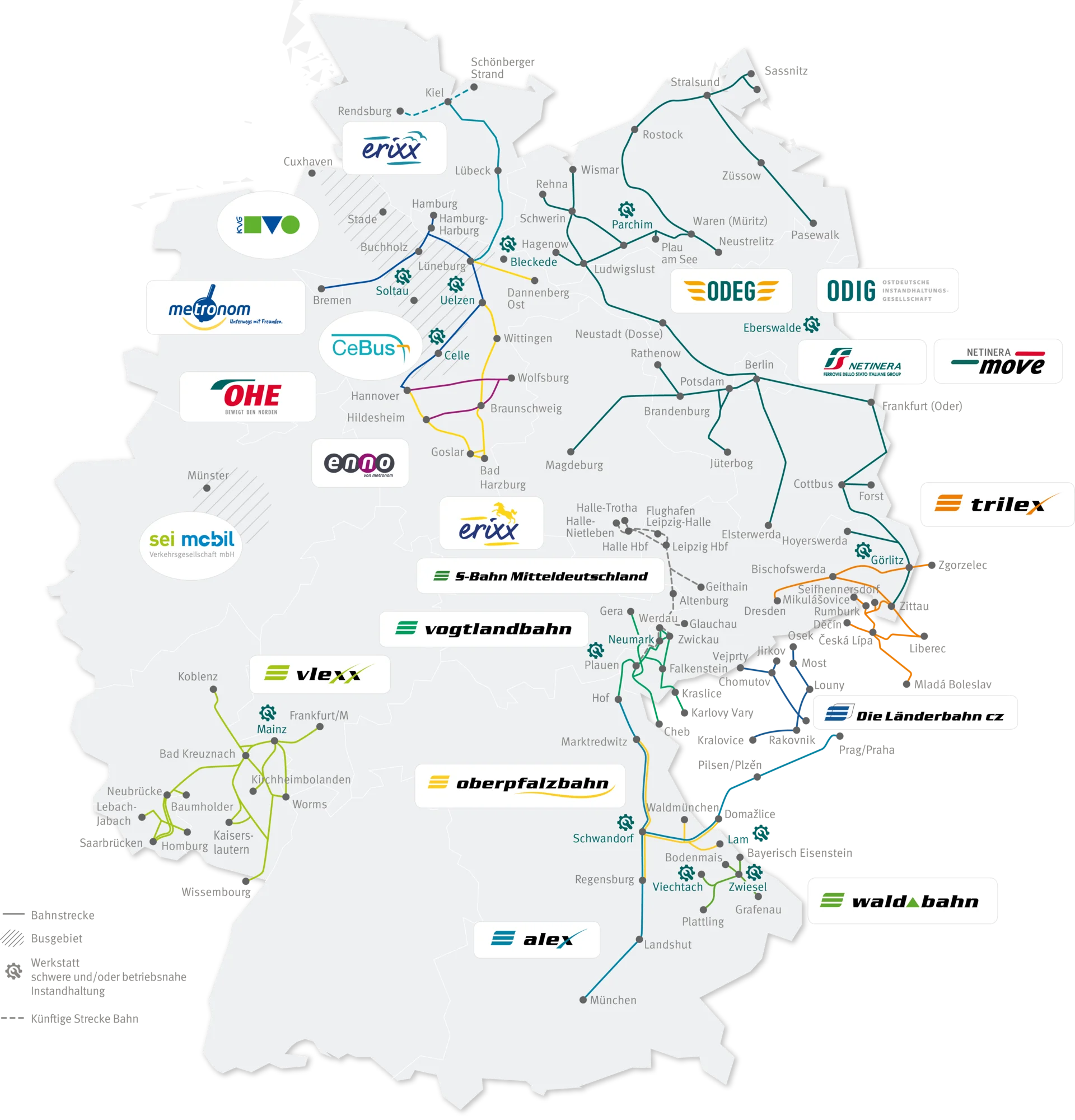 Karte von Deutschland mit dem Bahnnetz von NETINERA, auf der farbige Streckenverläufe und Unternehmenslogos wie metronom, erixx, vlexx, ODEG, trilex, alex und andere zu sehen sind.