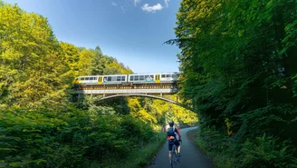 Regionalzug überquert eine Brücke inmitten grüner Waldlandschaft, Radfahrer auf einem Weg im Vordergrund, sonniger Tag mit klarem Himmel.