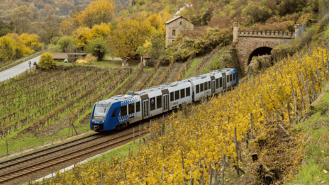 Moderner blauer Regionalzug fährt durch herbstliche Weinberge in malerischer Landschaft nahe einem Tunnel