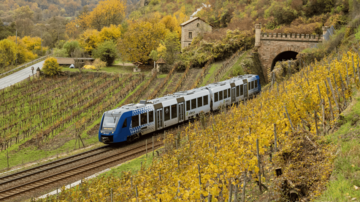 Moderner blauer Regionalzug fährt durch herbstliche Weinberge in malerischer Landschaft nahe einem Tunnel