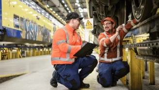 Zwei Personen in Warnwesten führen Wartungsarbeiten an den Rädern eines gelb-blauen Zuges in einer Werkstatthalle durch, eine Person hält ein Klemmbrett